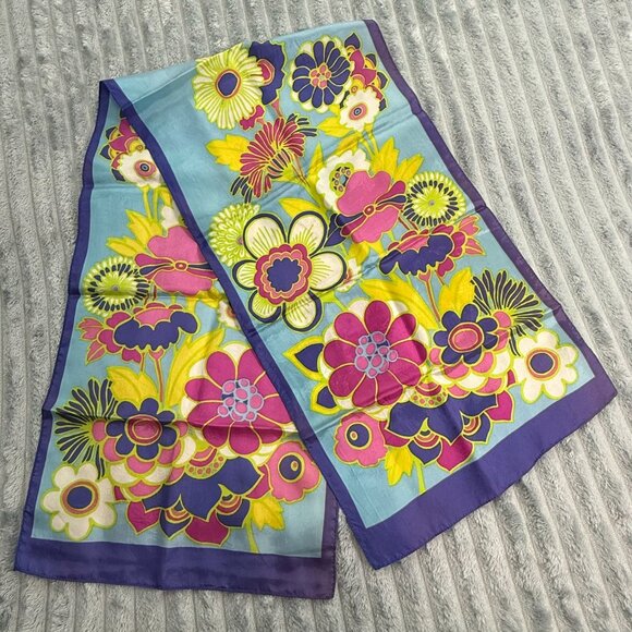Vintage Floral Scarf Womens 50x13 Made in Japan Boho Multicolor 70s Retro Wrap - Picture 3 of 3